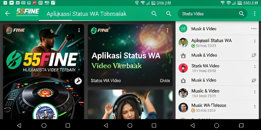 Tampilan antarmuka aplikasi 55FIVE dengan kategori video menarik untuk status.