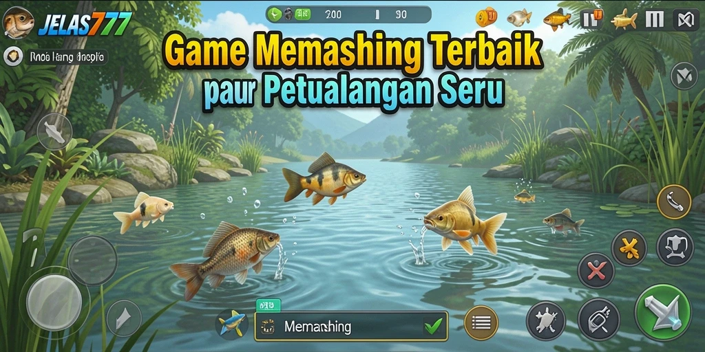 Tampilan antarmuka JELAS777 dengan berbagai jenis alat pancing dan lokasi memancing.